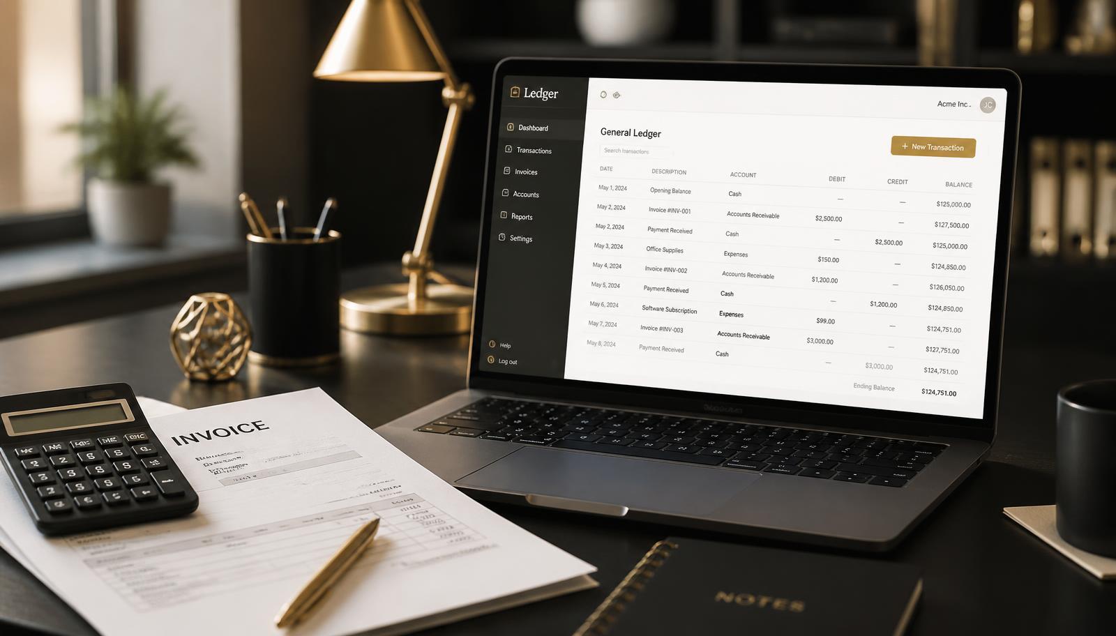 Bureau comptable avec facture, calculatrice et grand livre à l'écran