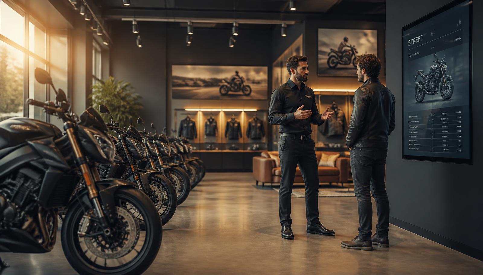 Showroom de motos avec un vendeur présentant un modèle à un client