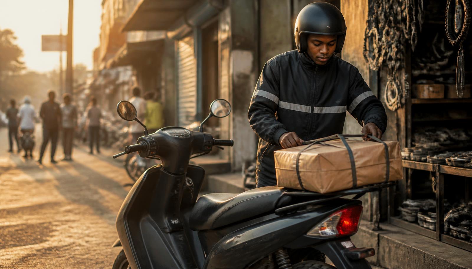 Livreur chargeant un colis de pièces moto sur un scooter