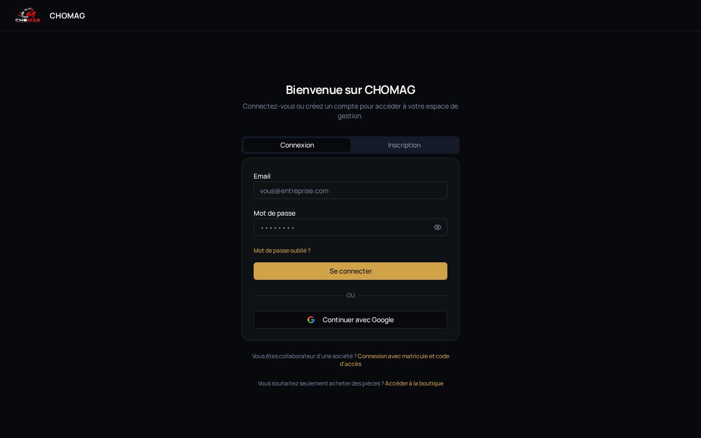 Page de connexion CHOMAG avec les liens mot de passe oublié et renvoi de confirmation