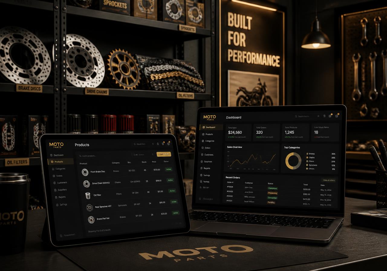 Magasin de pièces détachées moto avec rayonnages de disques de frein, chaînes et filtres, et interface de gestion du stock CHOMAG affichée sur une tablette et un ordinateur portable