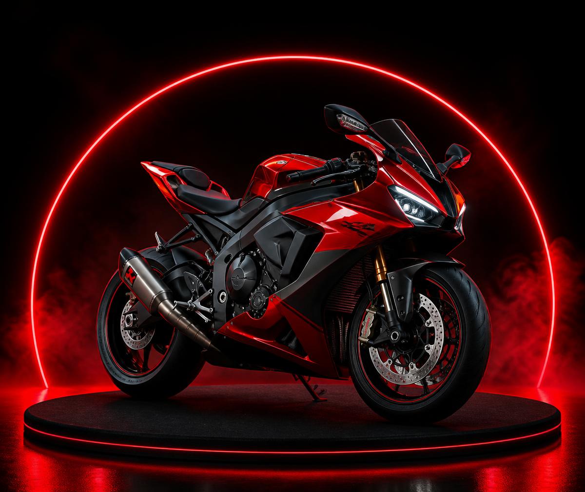Moto sportive rouge présentée sur un podium lumineux